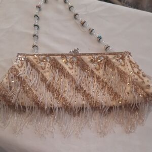 Beaded White And Gold Clutch Bag